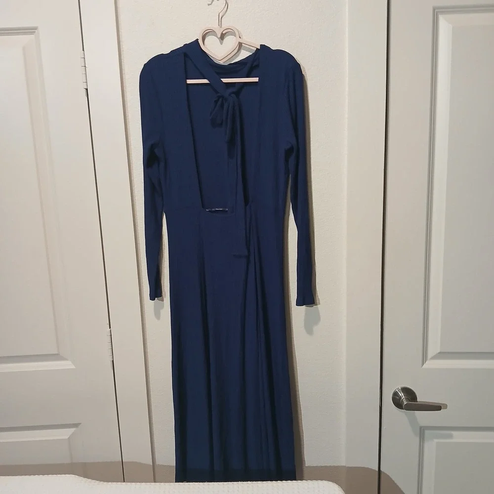 ASOS Navy Blue Ribbed Open Back Tie Maxi Dress Mock Neck Long Sleeve US 6